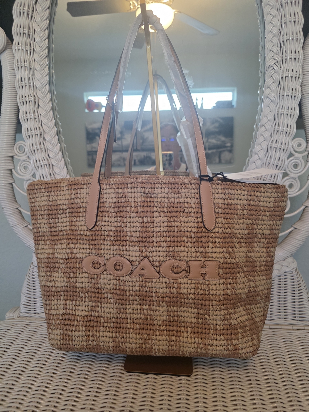 Coach Straw Tote in Natural with Tan Leather Trim Authentic